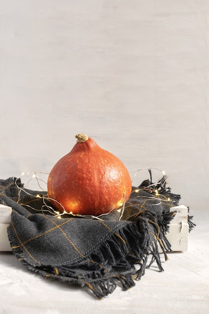 Pumpkin on knitted checkered plaid in white wooden box.