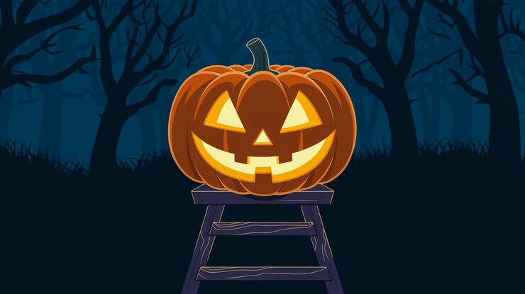 Photo a pumpkin on a ladder with a full moon behind it