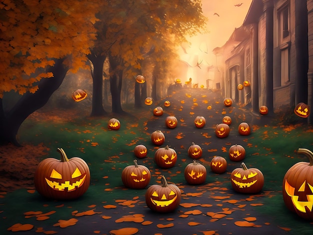 Pumpkin lanterns of happy halloween background wallpaper generative AI