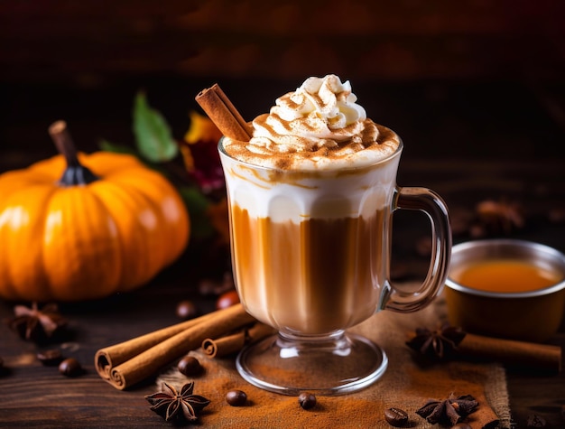 Pumpkin latte with whipped cream and a stick of cinnamon