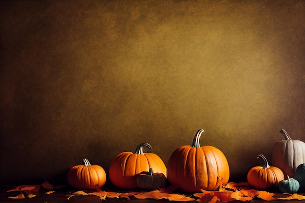 Pumpkin in leaves lying on wooden floor Orange pumpkins for Halloween