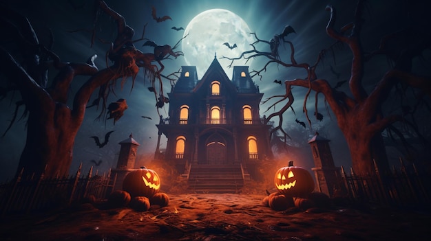 Pumpkin monster and witch castle for Halloween holiday Halloween background concept
