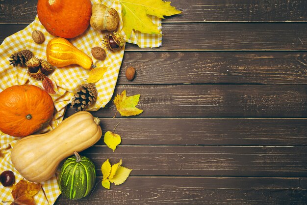 Pumpkin on old rustic wooden table background