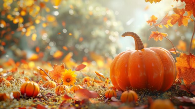Pumpkin orange in an autumn setting 3D illustration of fall flavors