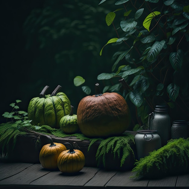 A pumpkin and other items are on a table in the dark.