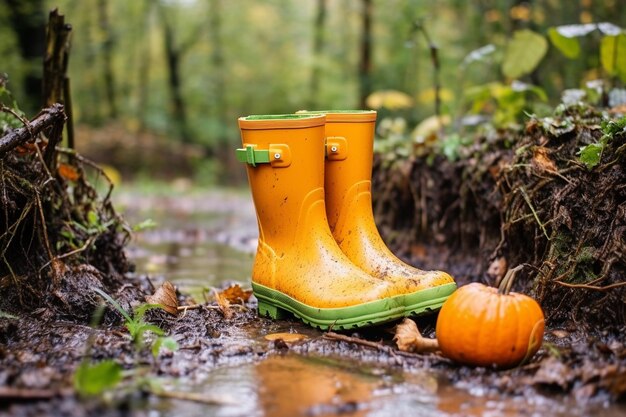 A pumpkin and a pair of wellies on a rainy day