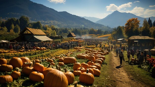 写真 パンプキン・パッチ・ファーム (pumpkin patch farm) は,秋の秋の祭りで,人々とスタンドがあります.