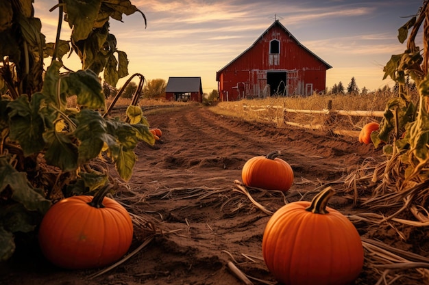 Pumpkin patch near a red farm barn