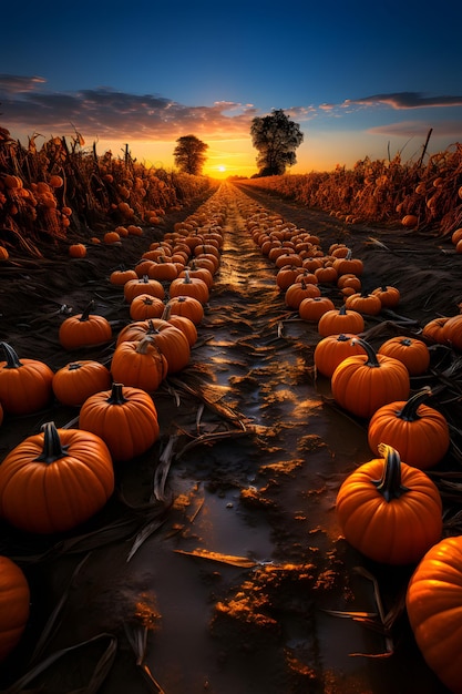 pumpkin patch at night by full moon light