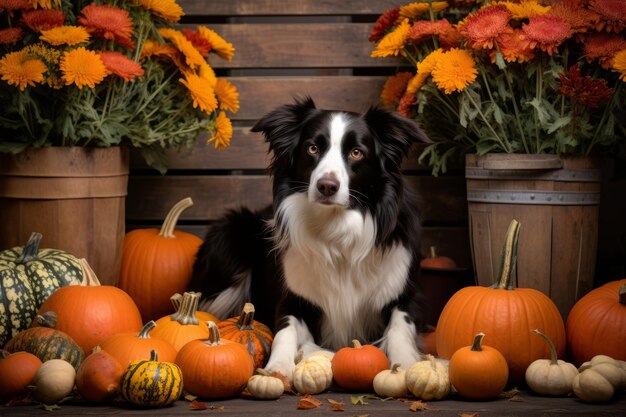 Photo pumpkin patch pooches dogs enjoying a floral playground