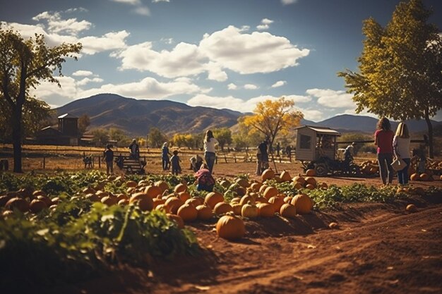 Foto pumpkin patch with families picking pumpkins on a sunny day