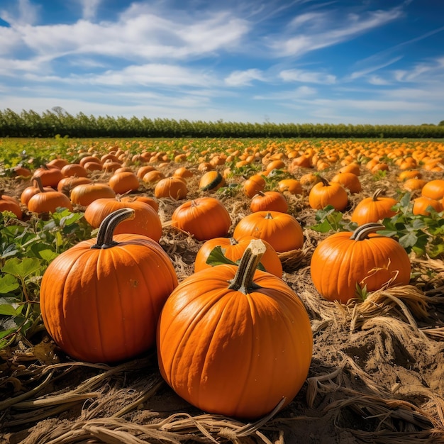 A pumpkin patch with rows of plump orange pumpkins ready for picking