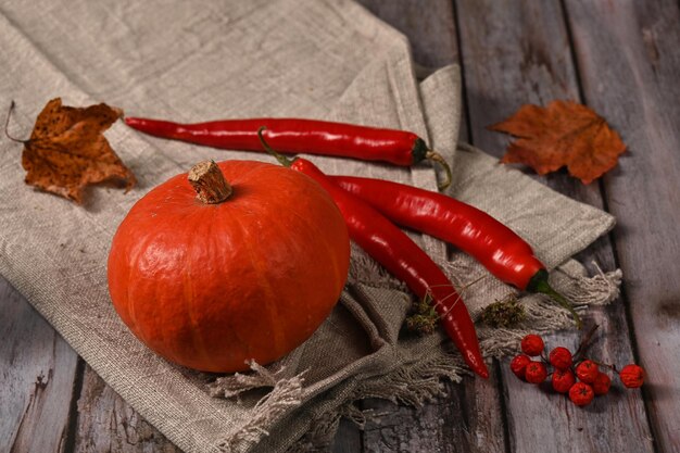 Pumpkin and pepper from the new crop lie on the table