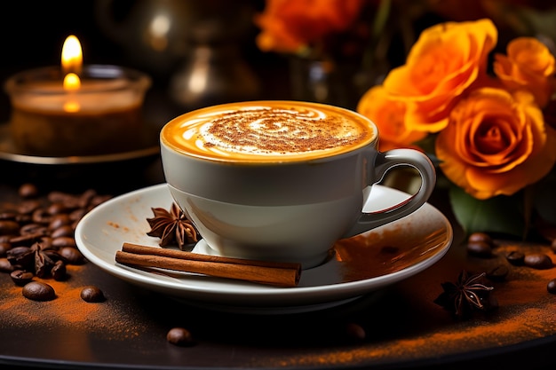 Pumpkin Pie Coffee on a table with cinnamon sticks in restaurant background