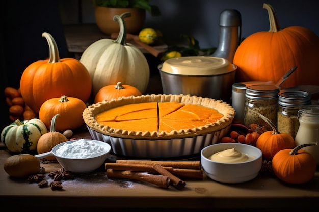 Pumpkin Pie Ingredients Arranged in the Kitchen