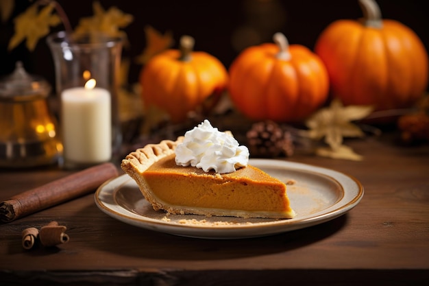 Photo pumpkin pie piece on plate thanksgiving fall season cake
