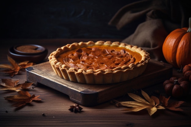 A pumpkin pie sits on a wooden table with a cup of tea and a cinnamon stick.