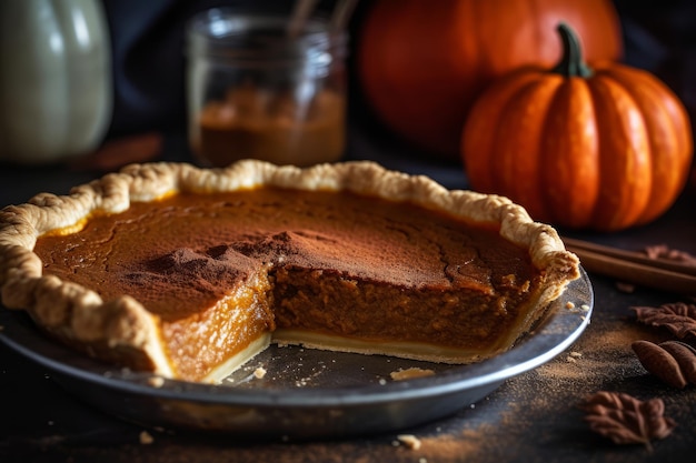 A pumpkin pie with a slice taken out of it