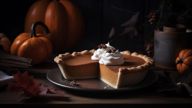 A pumpkin pie with a slice taken out of it