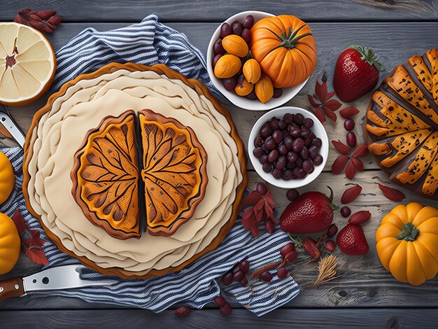 A pumpkin pie with a tart crust and a bowl of fruit on a table.