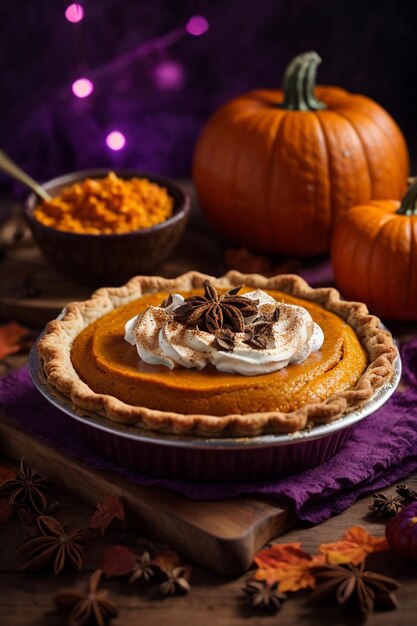 Foto una torta di zucca sulla spezia di legno colore arancione deliziosa festa di halloween