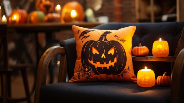 Photo pumpkin pillow on wooden table