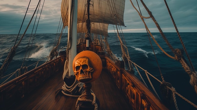 Тыквенный пират на мостике корабля, плывущего по океану Генеративный искусственный интеллект
