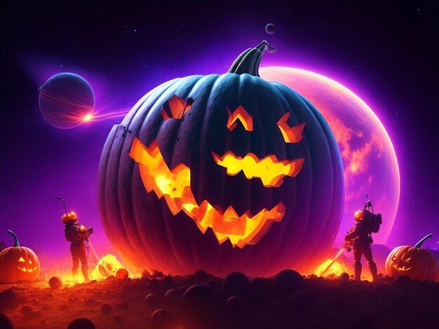 A pumpkin planet that is getting destroyed by a big laser ai generated