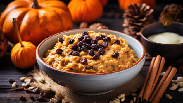 Foto porridge di zucca con uvette e noci in una ciotola su uno sfondo di legno ai generativa