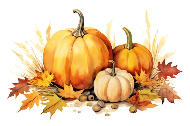 A pumpkin and pumpkins are on a table with autumn leaves