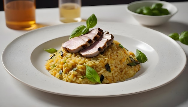 Pumpkin risotto roasted duck breast figs zucchini and min leaves italian or mediterranean cuisine