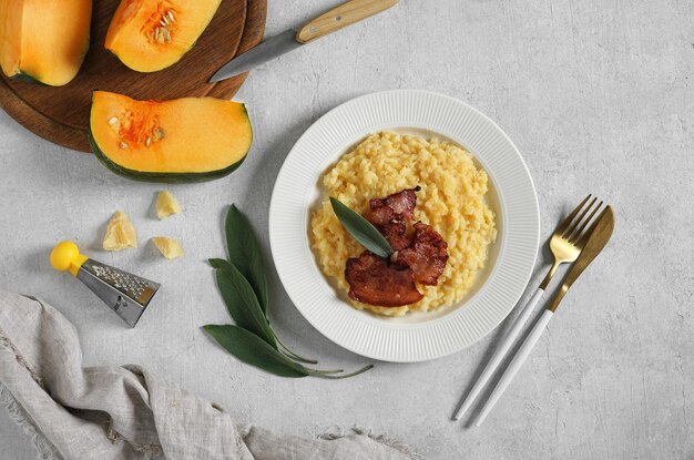 Pumpkin risotto in white bowl top view