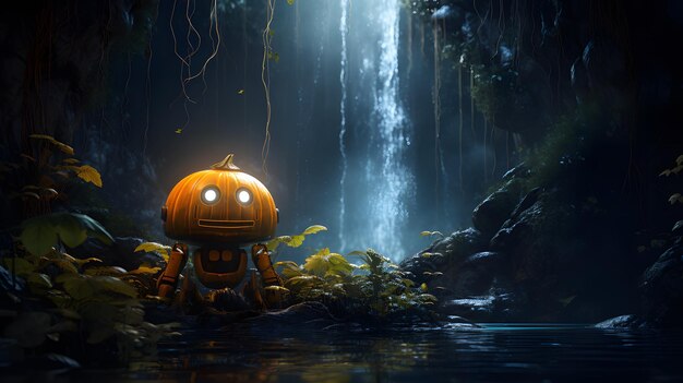 Pumpkin robot in the forest background Generative AI