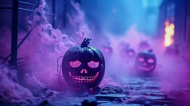 Photo pumpkin's wicked welcome creepy halloween smile generative ai