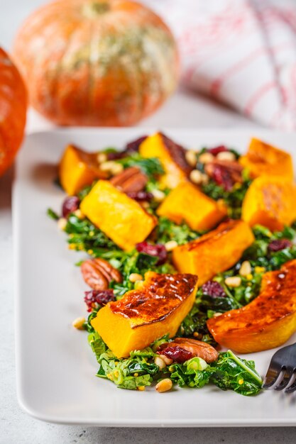 Pumpkin salad with nuts, cranberries and kale in a rectangular plate.