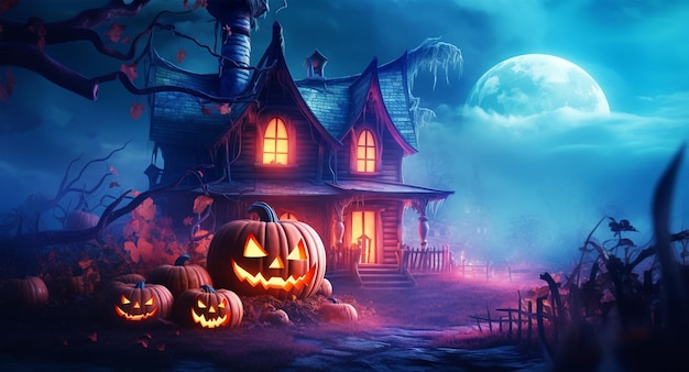 pumpkin and scary house fantastic halloween backgrounds
