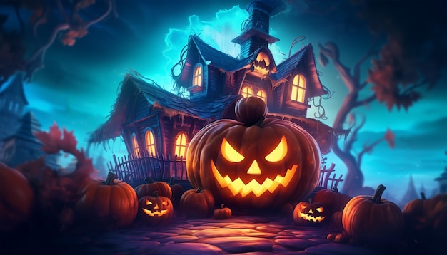 pumpkin and scary house fantastic halloween backgrounds