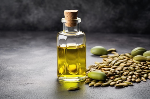 Pumpkin seed oil bottle on a concrete background