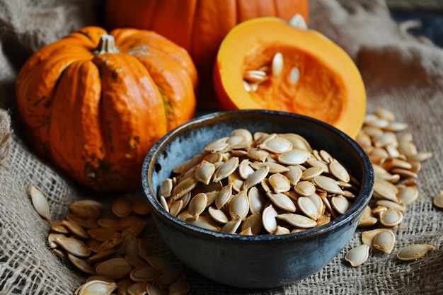 Pumpkin seeds in a bowl with two pumpkins behind them