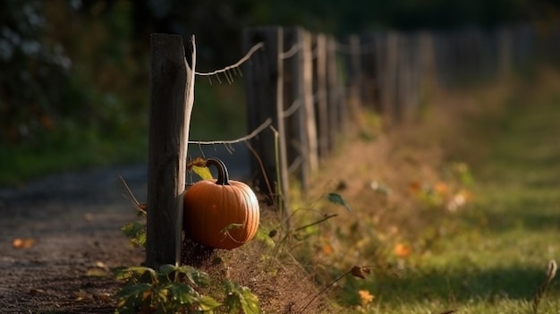 A pumpkin sits in a fence along a road in the fall.