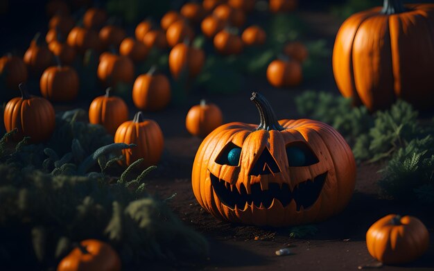 A pumpkin sits in a field with a bunch of pumpkins in the background.