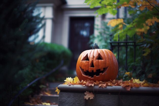 A pumpkin sits on a porch in front of a house.