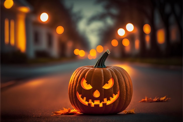 A pumpkin sits on a street in front of a street light.