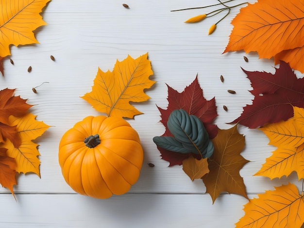 A pumpkin sits on a table surrounded by autumn leaves.