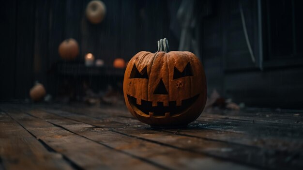 A pumpkin sits on a wooden floor in a dark room with the words halloween on the front.