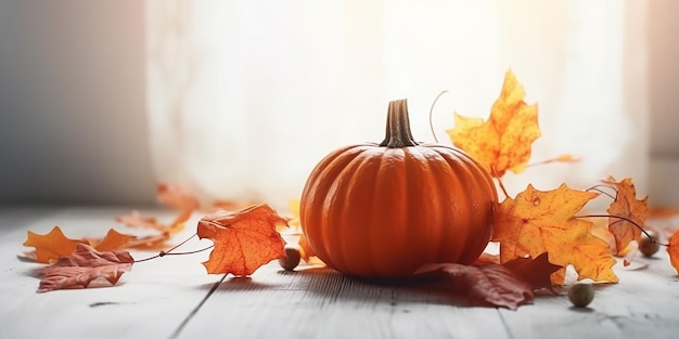 A pumpkin sits on a wooden floor surrounded by autumn leaves.