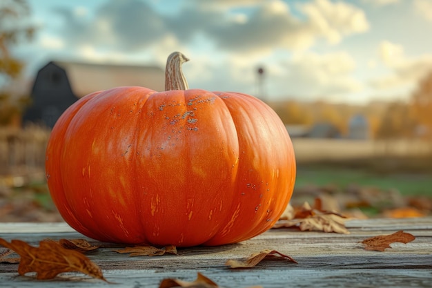 A Pumpkin Sits on a Wooden Table in Autumn