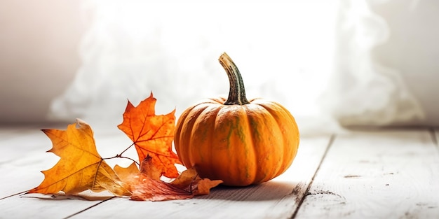 A pumpkin sits on a wooden table with autumn leaves on the table.