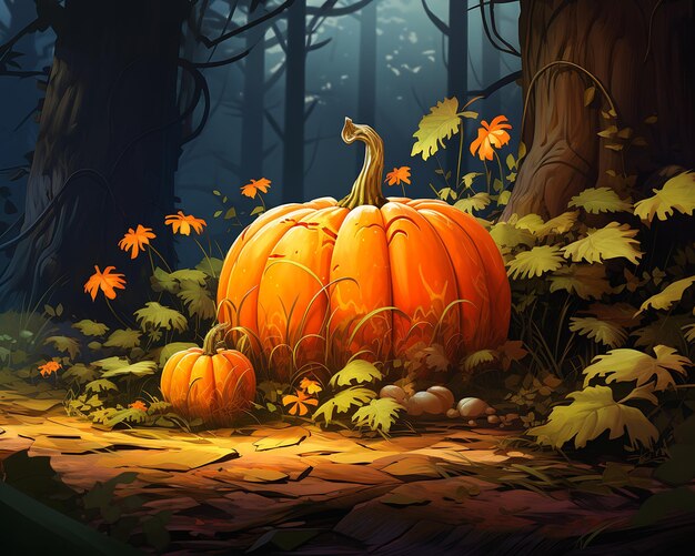 pumpkin sitting ground woods magic mystery world full warmly lit shadows icon store long trunk