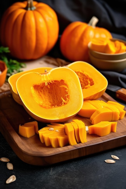 Pumpkin slices on wooden cutting board on dark background copy space